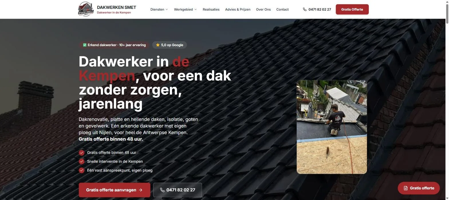 Website van Dakwerken Smet